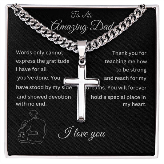 Gift for Dad | Personalized Steel Cross Necklace on Cuban Chain w/ MC