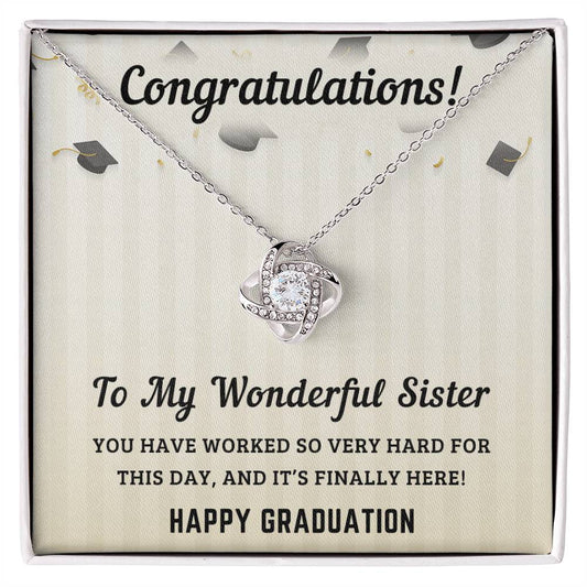 To My Wonderful Sister: Graduation Love Knot Necklace (Yellow & White Gold Variants)