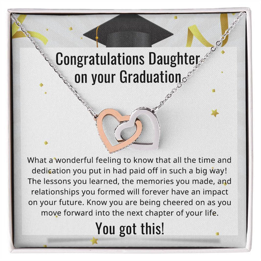 Congratulations Daughter: Graduation Interlocking Hearts Necklace (Yellow & White Gold Variants)