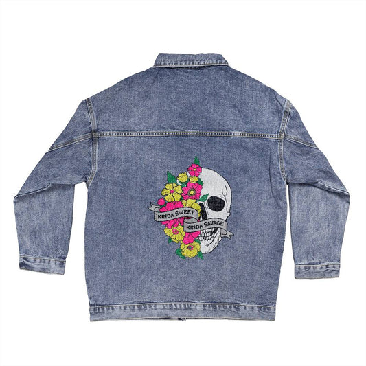 Kinda Sweet Kinda Savage Skull | Oversized Women's DTG Denim Jacket